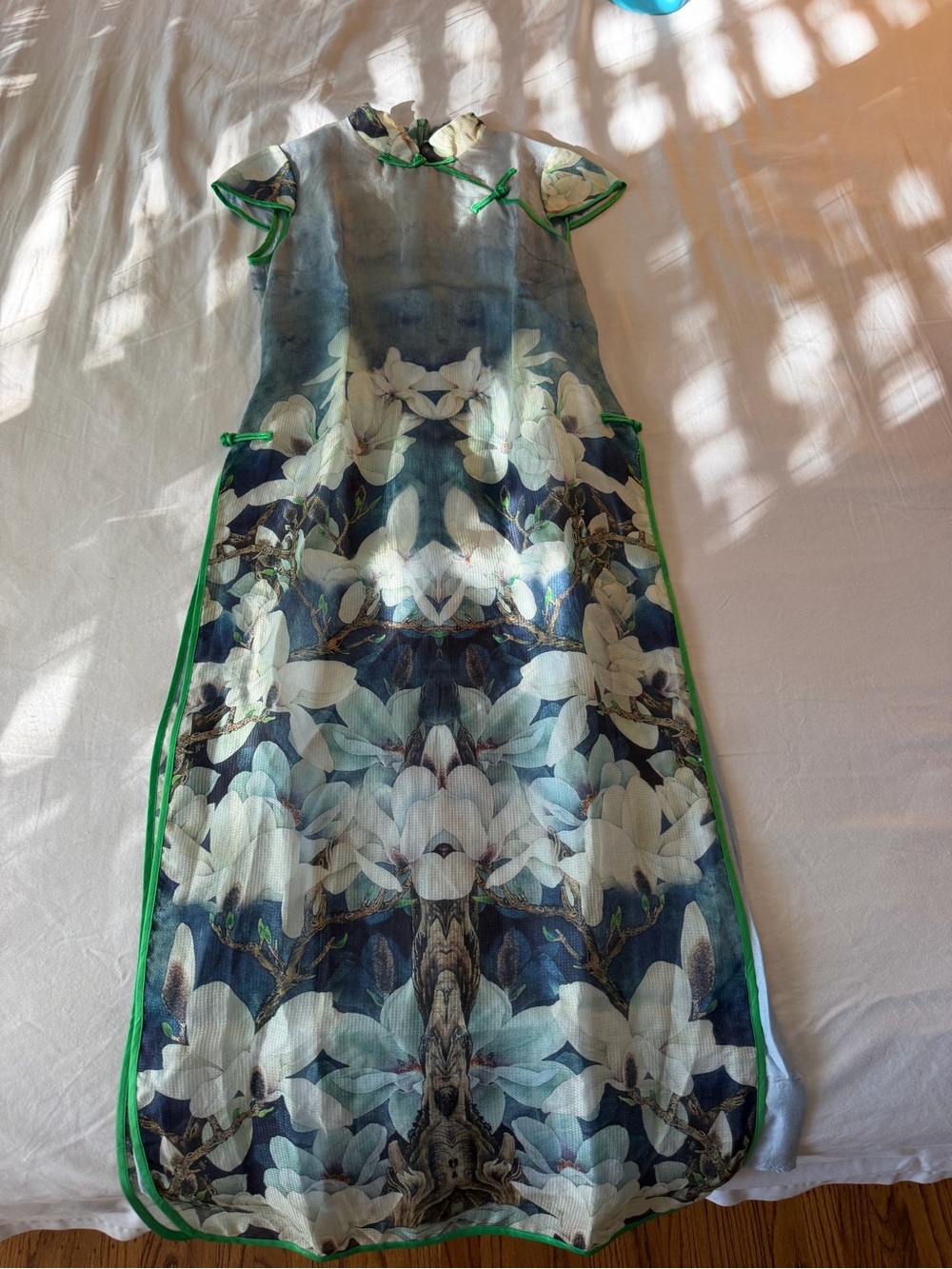 Floral Silk Cheongsam with Green Trim